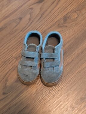 Vans Kids Gray Suede Velcro Sneakers with Brown Accent